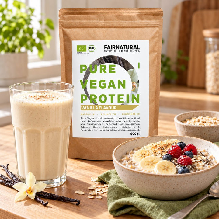 Vanille-Proteinshake und Porridge als vegane Frühstücksroutine