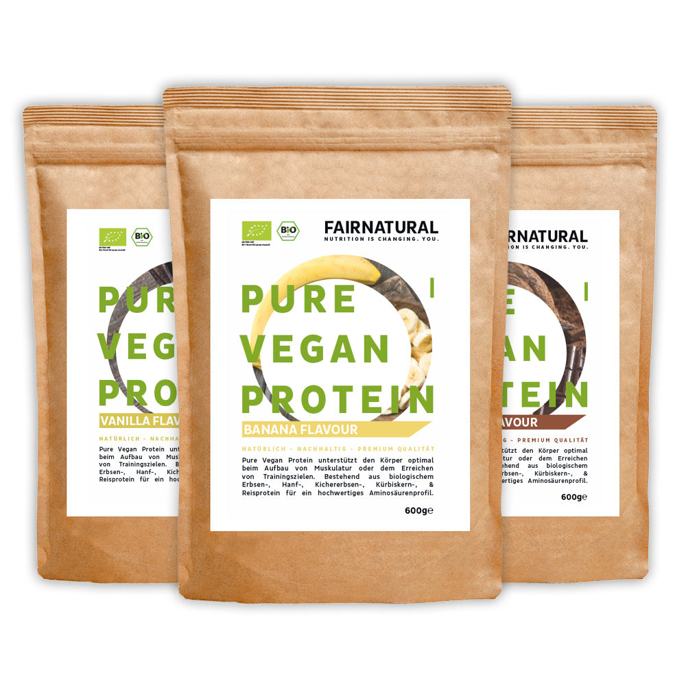 Bio Veganes Proteinpulver 3er Bundle (Vanille, Schoko, Banane)