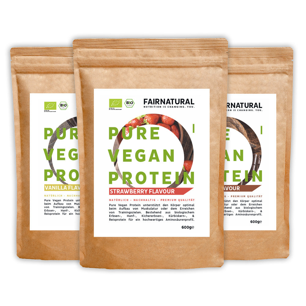 STARK LIMITIERTE PROBIERAKTION MIT 30% RABATT: Veganes Bio Proteinpulver 3er Bundle (Sorten frei wählbar)